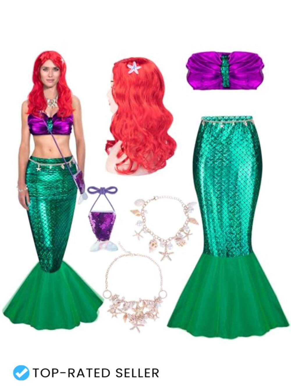 Mermaid Costume Set 7 Piece Halloween Cosplay Women Tube Top Skirt